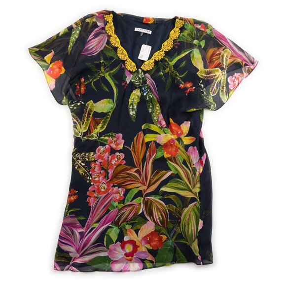 NEW TRINA TURK Navy Silk Floral Print Beaded Caftan Dress size M - Picture 1 of 11